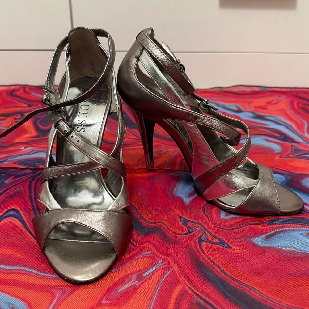 Vintage Guess Metallic Silver Pewter Strappy Multi Strap Stiletto Heels Y2K